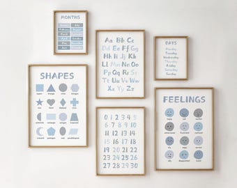 Educational Nursery Alphabet Chart Prints: Mix & Match ABC, Numbers, Shapes, Playroom Decor, Blue Boys Room Wall Art