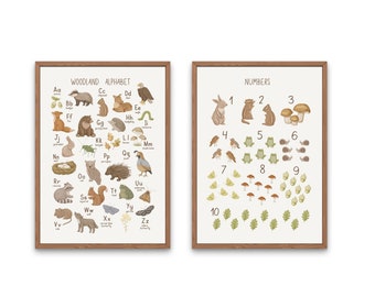 Woodland Alphabet and Numbers Prints, Alphabet Poster, ABC Print, Nursery Art, Set of 2, Learning, Education Prints, Children's Bedroom Art