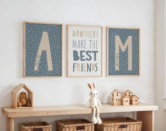 Décoration de salle de jeux pour garçons, impressions frères, amis, oeuvre d'art murale pour frères et sœurs, chambre partagée, poster nom d'enfant, impression chambre d'enfant