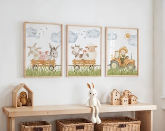 Boerderijdieren kinderkamerprints: aquarel muurkunstset, speelkamerdecor, boerderijthemaposters