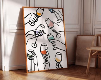 Colorful Wine Glasses Art Print: Retro Kitchen Wall Decor