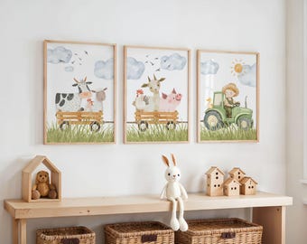 Farm Animals Nursery Prints: Watercolor Wall Art Set of 3, Farmyard and Green Tractor Scene, Playroom Decor, Farmer Boy