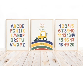 Construction Truck Alphabet  Numbers Prints ,Digital Set of 3 Personalised Boy Room Printable Wall Art, Transport Toddler Decor, ABC Poster