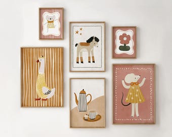 Retro Animal Nursery Prints: Mix & Match Kids Room Wall Art