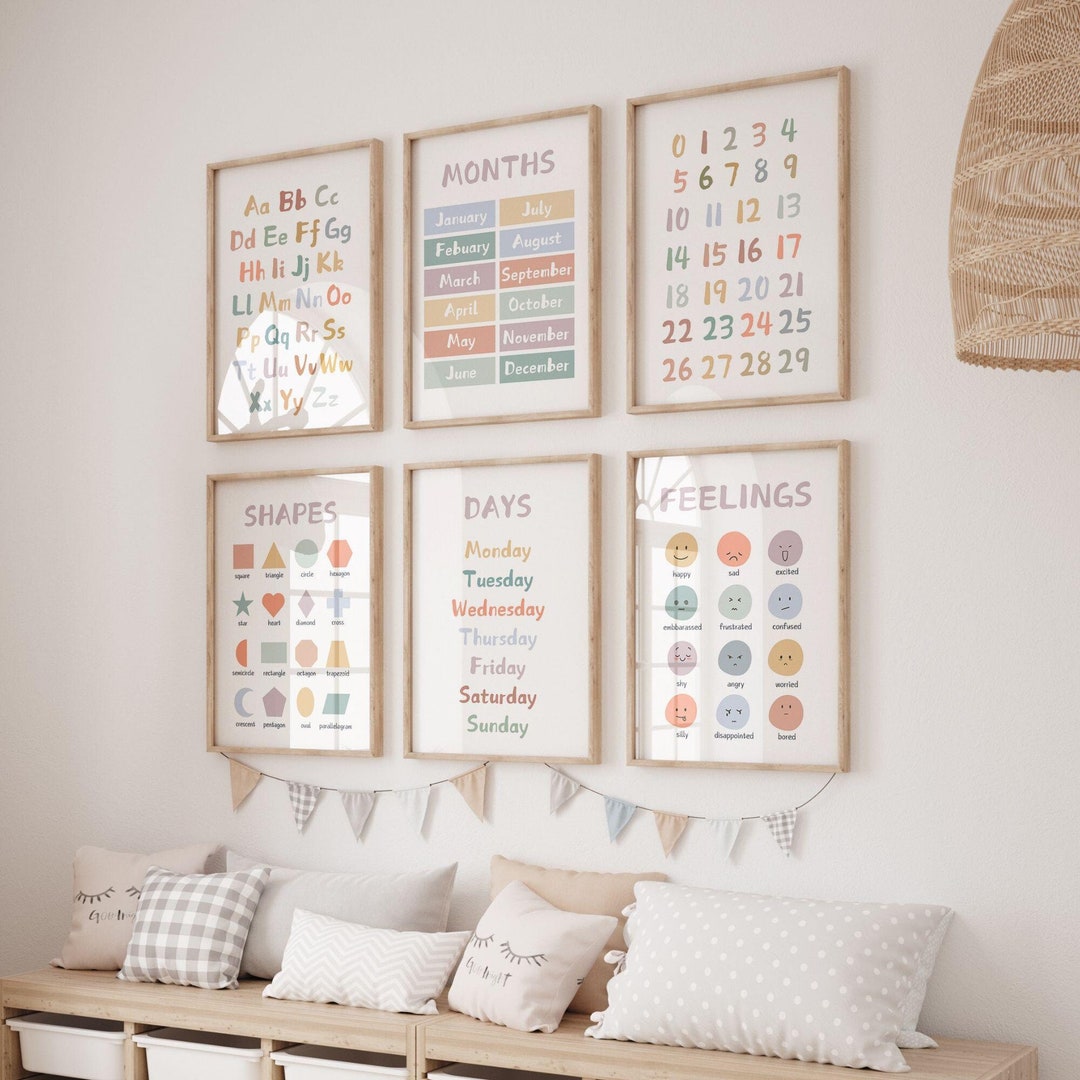 Alphabet Chart, Numbers Chart, ABC Poster, Set of 6 Educational Nursery