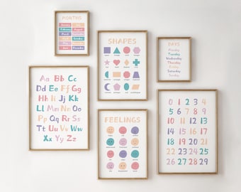 Educational Nursery Prints Set of 6 Digital Download, ABC Numbers Shapes Alphabet Chart, Playroom Decor, Colorful Letters and Number