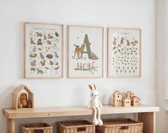 Personalised Woodland Alphabet, Nursery Prints Set of 3, Alphabet & Numbers Wall Art, Forest Themed, Educational Animal Decor