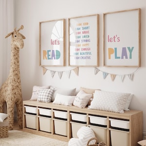 Reading Corner Print Set of 3, Children's Nursery Wall Art, Playroom Decor, I am Smart, Let's Read Poster