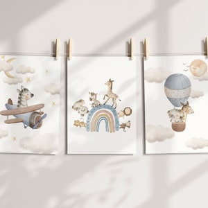 Safari Nursery Wall Prints, Safari Animal Set of 3 Prints for Nursery, Rainbow Wall Art for Baby Bedroom, Neutral Boho Nursery Prints,