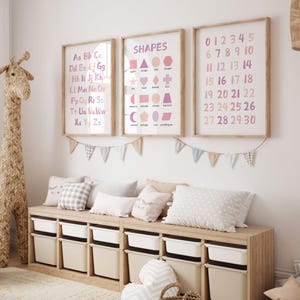 Set of 3 Educational Nursery Alphabet Prints: Numbers, Shapes Chart, ABC Poster, Playroom Decor, Wall Art for Kids image 7