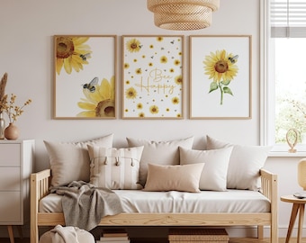 Sunflower Bee Watercolor Print Set of 3, Floral Home Decor, Bedroom, Botanical, Bumble Bee, Sunflowers, Bee Happy Wall Art