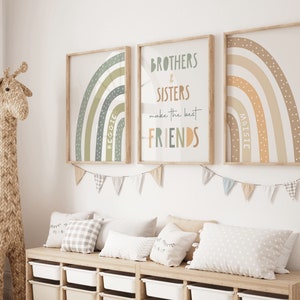 Brothers and Sisters Make The Best Friends, set van 3 regenboogaquarelprints, gepersonaliseerde kunst, regenboogprints, muurdecoratie broer of zus