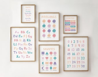 Educational Nursery Prints Set, Alphabet Print, Numbers Shapes Playroom Decor, Learning Poster for Children