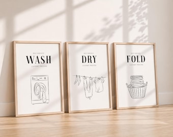 Laundry Room Art Prints: Wash, Dry, Fold - Set of 3, Utility Room Wall Art, Household print