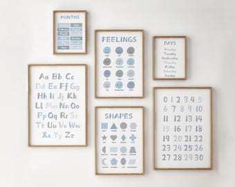 Educational Nursery Alphabet Chart Prints: ABC, Numbers, Shapes (Digital Download, Set of 6), Blue Boys Room, Playroom Decor