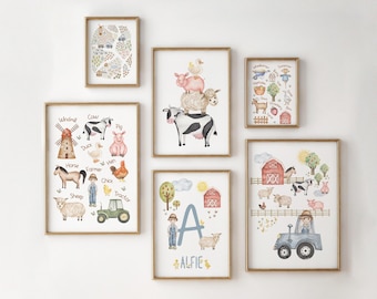 Farm Animal Nursery Prints: Custom Kids Playroom Decor, Farmyard Animals Wall Art, Tractor Poster
