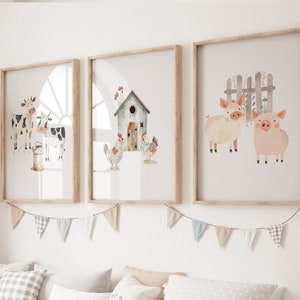 Láminas de granja para guardería, decoración de animales, láminas infantiles, juego de 3, cerdos, vacas, animales de granja, arte de pared