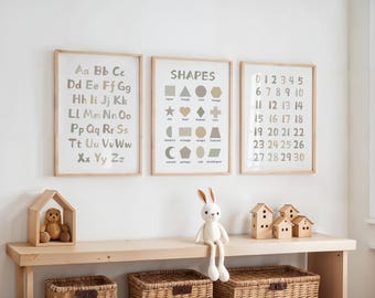 Educational Nursery Prints: Alphabet, Numbers, Shapes - Scandi Playroom Decor (Set of 3), ABC Posters