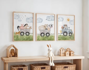 May include: Three framed watercolor prints depicting farm animals in a whimsical style. One shows a pig, horse, and goat in a wagon. Another features sheep and a cow. The third shows a tractor with a chicken and chick.