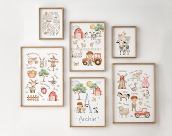 May include: A set of six framed watercolor prints with a farm theme. The prints feature illustrations of farm animals, a tractor, a scarecrow, and a windmill. The color palette includes soft greens, blues, and reds, with gold frames.