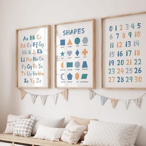 Tabella dell'alfabeto, tabella dei numeri, poster ABC, set di 3 stampe educative per la cameretta dei bambini, stampa di forme, decorazioni scandinave per la cameretta dei bambini, stampe per la sala giochi