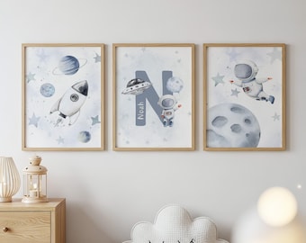 Personalised Space Initial Print Set of 3: Nursery Wall Art , Playroom Decor, Moon, planets, Custom Astronaut