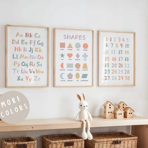 Juego de 3 láminas educativas del alfabeto para guardería: números, tabla de formas, póster del abecedario, decoración de sala de juegos, arte mural para niños.