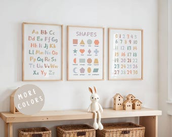 Set of 3 Educational Nursery Alphabet Prints: Numbers, Shapes Chart,  ABC Poster, Playroom Decor, Wall Art for Kids