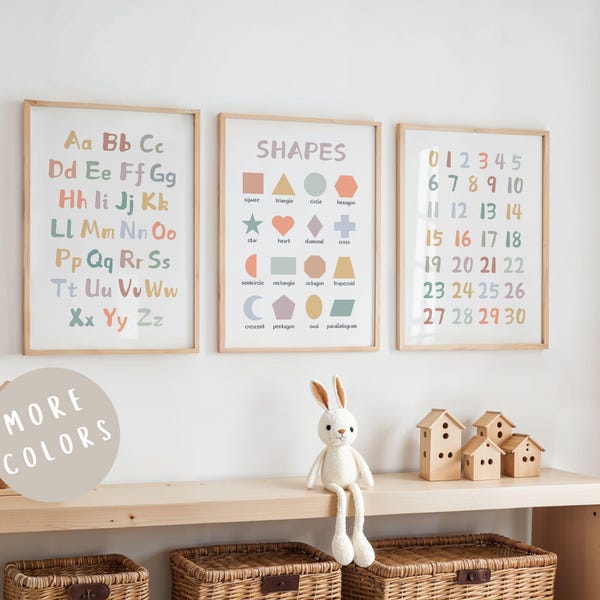 Set of 3 Educational Nursery Alphabet Prints: Numbers, Shapes Chart,  ABC Poster, Playroom Decor, Wall Art for Kids