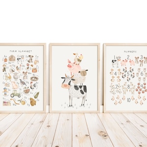 Impresiones de alfabetos y números de granja, cartel del alfabeto, impresión ABC, conjunto de 3, impresiones de animales, impresiones educativas, impresiones digitales, arte de animales de granja
