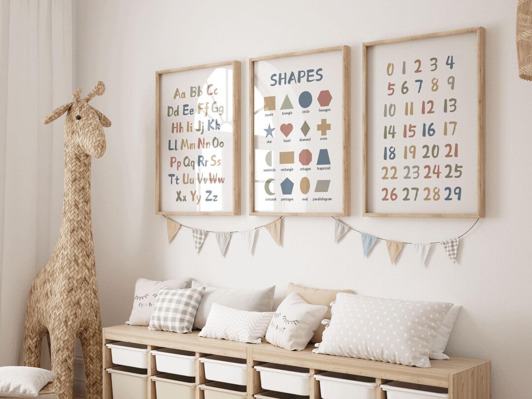 Alphabet Chart, Numbers Chart, ABC Poster, Set of 3 Educational Nursery