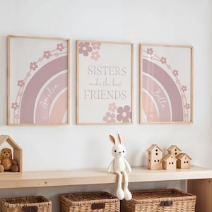 Personalised Sister Rainbow Prints Set of 3, Custom Sibling Art, Nursery or Playroom Decor, Shared Bedroom