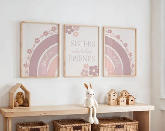 Personalised Sister Rainbow Prints Set of 3, Custom Sibling Art, Nursery or Playroom Decor, Shared Bedroom