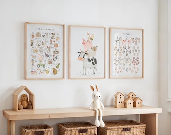 Farm Animals Alphabet & Numbers Prints: Nursery Decor, Digital Download, Kids Room Wall Art, Educational Farmyard Posters