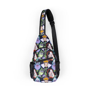 Op de afbeelding: Zwarte sling bag met een herhalend patroon van cartoon schurken gezichten. De tas heeft een zwarte verstelbare riem, een klein voorvak en twee zijvakken van gaas. De tas is ontworpen om over het lichaam te worden gedragen.