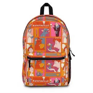 May include: A colorful backpack featuring a repeating pattern of characters and scenes from the animated film "Ratatouille." The design includes images of Remy the rat, chefs, and the film's title. The backpack has a black top handle and zipper.