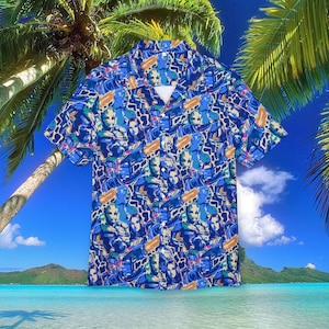 May include: Short-sleeved button-down shirt with a vibrant blue and white pattern featuring repeating alien-like faces. The shirt has a classic collar and is made of a lightweight fabric, perfect for a tropical or casual look.