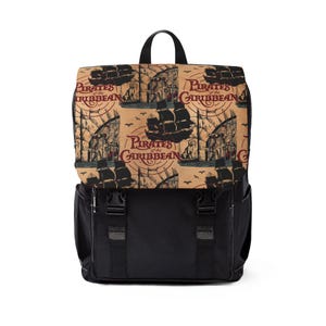 May include: Black backpack with a flap featuring a repeating pattern of a pirate ship, compass, and the words "Pirates of the Caribbean" in red. The bottom of the backpack is solid black with two buckle closures.