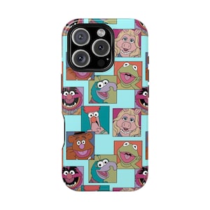 May include: A phone case with a repeating pattern of Muppet characters in colourful squares against a light blue background. The case has a glossy finish and a camera cutout.