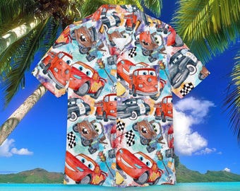 Camisa hawaiana de Disney Cars, camisa hawaiana de Rayo McQueen, camisa con botones para viajes de verano a Disneyland, camisa de Disney World, vacaciones
