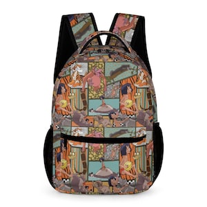 May include: A colourful backpack with a patchwork design featuring cartoon characters. The backpack has a black mesh back and straps, and a front zip pocket. The patchwork design includes images of a tiger, snake, and a young person.