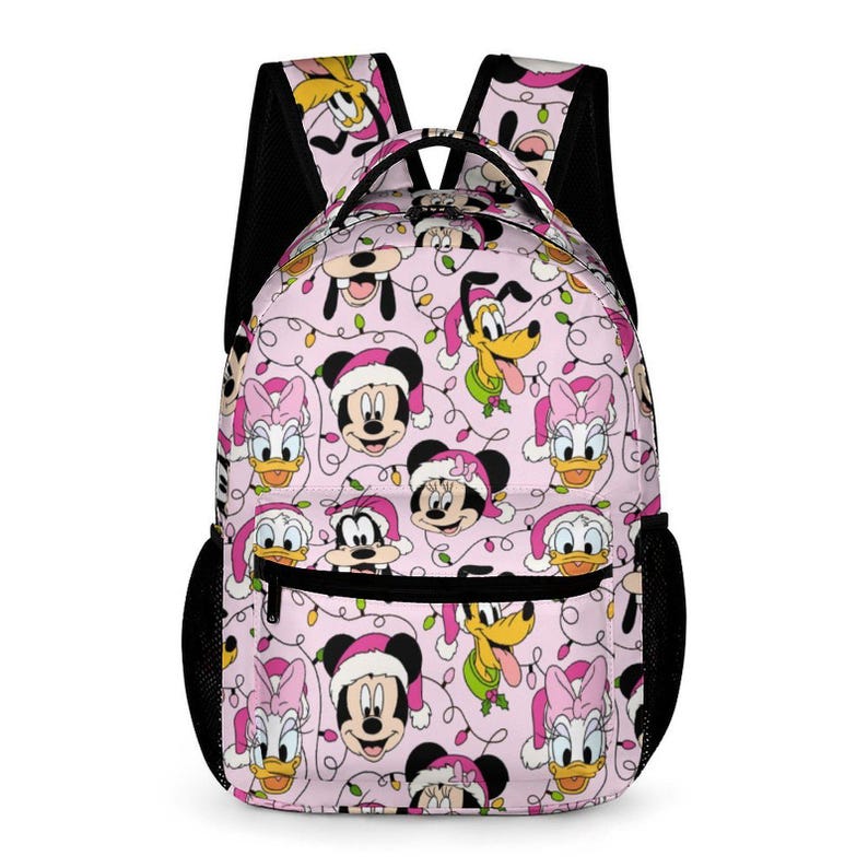 May include: Pink backpack featuring a repeating pattern of Mickey Mouse, Minnie Mouse, Donald Duck, Daisy Duck, and Pluto wearing Santa hats. The backpack has black mesh side pockets and straps, and a black zipper. The design includes Christmas lights.