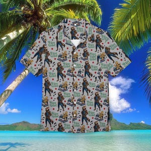 May include: Short-sleeved button-down shirt featuring a repeating pattern of Rocket Raccoon and Baby Groot characters, musical notes, and red stars on a grey background. The text "We Are Groot" is also featured.