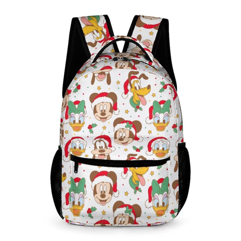 May include: White backpack featuring a repeating pattern of Mickey Mouse, Minnie Mouse, Donald Duck, and Pluto wearing Santa hats. The backpack has black mesh side pockets and straps, and a black zipper.