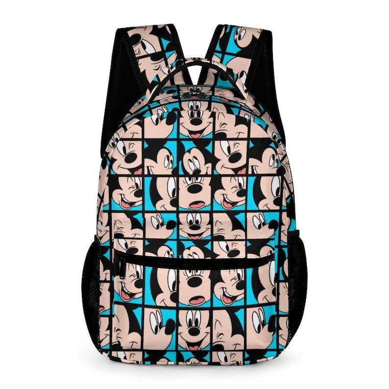 May include: A black backpack with a repeating pattern of Mickey Mouse faces in a grid. The grid squares have a light blue background. The backpack has black mesh side pockets and black shoulder straps.
