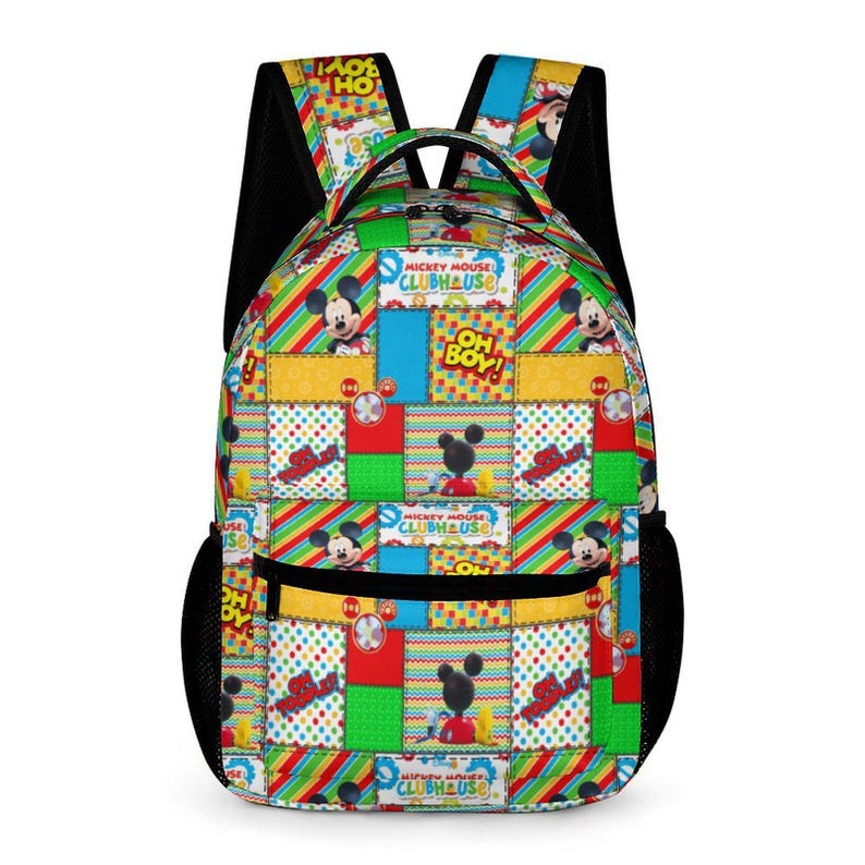 May include: A vibrant backpack with a patchwork pattern showcasing Mickey Mouse illustrations. It has a black mesh back and straps, a front pocket, and the phrases "Mickey Mouse Clubhouse" and "Oh Boy!" are printed on it.