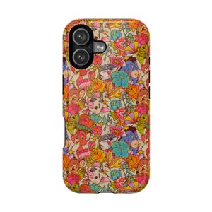 May include: A colorful phone case featuring a repeating pattern of cartoon characters and flowers. The design includes characters like Bambi, Piglet, and Eeyore, set against a cream background with vibrant floral accents in shades of pink, orange, and blue.