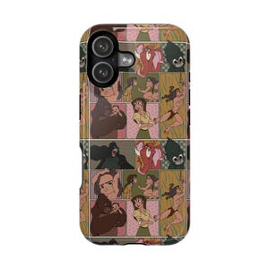 Pode incluir: Uma capa de telefone com um design de banda desenhada. A capa tem um esquema de cores castanho e preto com imagens de um gorila, uma mulher e outros personagens com tema de selva. A capa foi concebida para um smartphone.