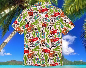 Camisa hawaiana unisex de Cars Rayo McQueen, con botones, ideal para fiestas en la playa, cruceros de verano, atuendo Disney para hombre.