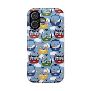 May include: A phone case featuring a repeating pattern of colorful gondolas against a light blue sky with white clouds. Each gondola contains Disney characters like Mickey and Minnie Mouse, Donald Duck, and Goofy.